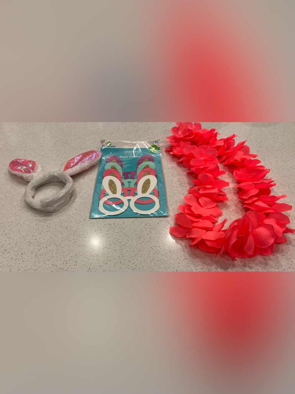 Easter Bunny Party Accessory Bundle – Ears, Paper Glasses & Pink Flower Lei